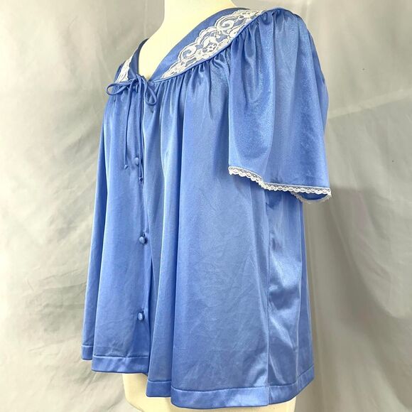 SANS SOUCI VTG 70s Blue White Lace Sleepwear Pajama Top Womens L Coquette Button - Picture 3 of 6